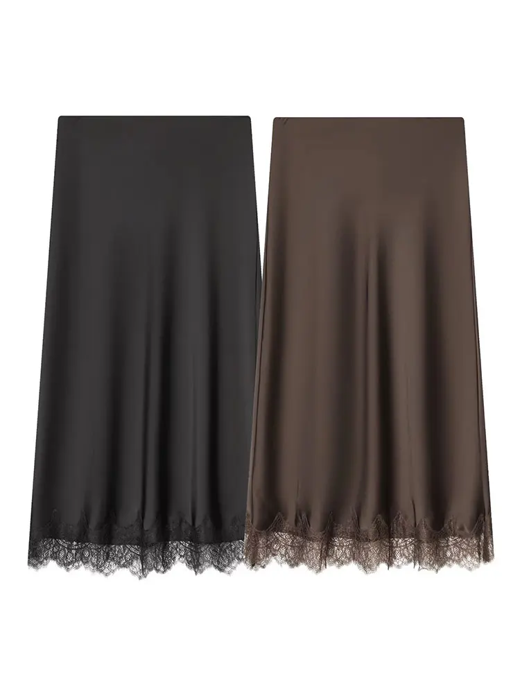 HH Women Fashion Lace Hem Skirt Elastic Waist Slim Straight Midi Skirt Woman Elegant Evening Club Party Lady Chic Skirt