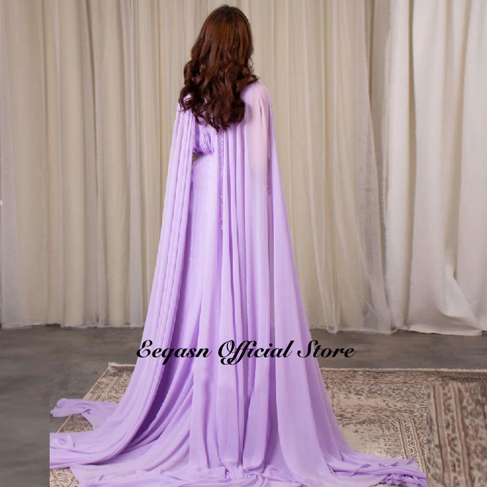 Trendy Chiffon Evening Dresses Long with Cape Saudi Arabia Beads V Neck Elegant A-line Formal Evening Gowns Floor Length