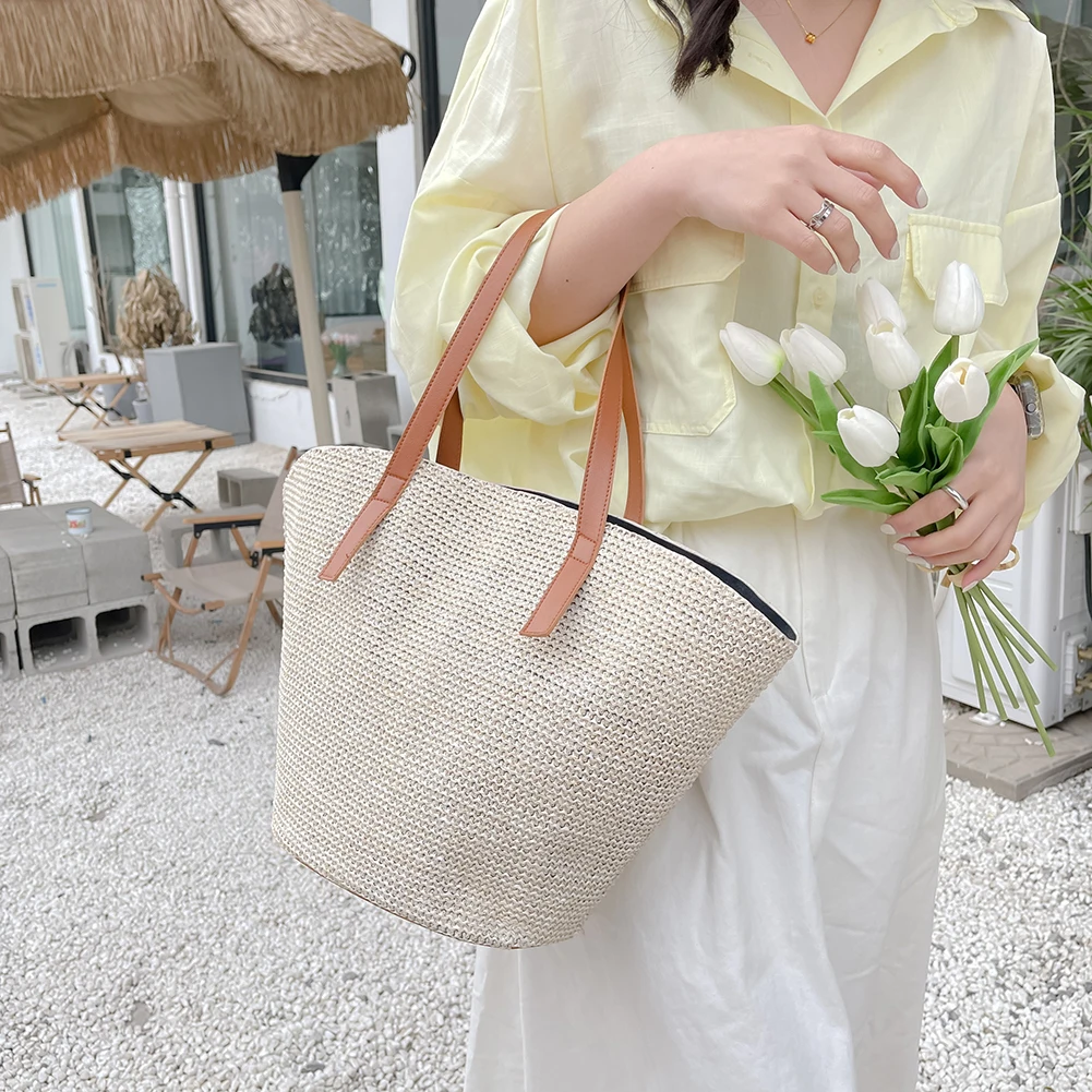 Women Shopping Tote Bag Fashion Simple Straw Shoulder Bag Handmade Rattan Woven Beach Purse Female Shoulder Portable Basket Bags