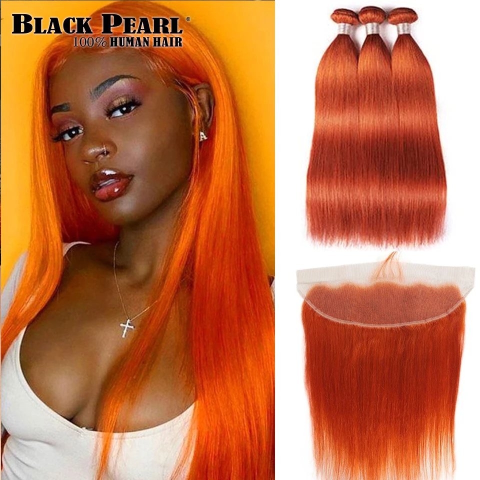 

Black Pearl Orange Bundles With Frontal Straight Remy Hair Bundles Blonde Brazilian Hair Weave 2/3 Bundles With Frontal