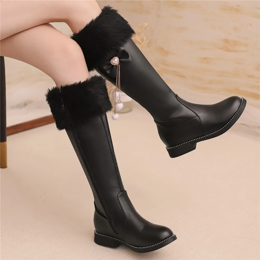 2025 New Women Boots Autumn Winter Girls Booties Faux Fur Knee-High Low-Heel Short Boots Side Zippe Bow Botas Mujer Shoes 31-43 - Image 3