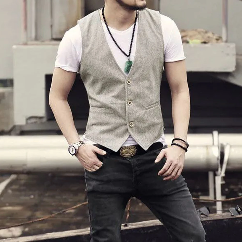 Men's Business British Style Retro Linen Vest Summer Thin Section Slim Three Button V-Neck Slim Gentleman Casual Formal Vest 5