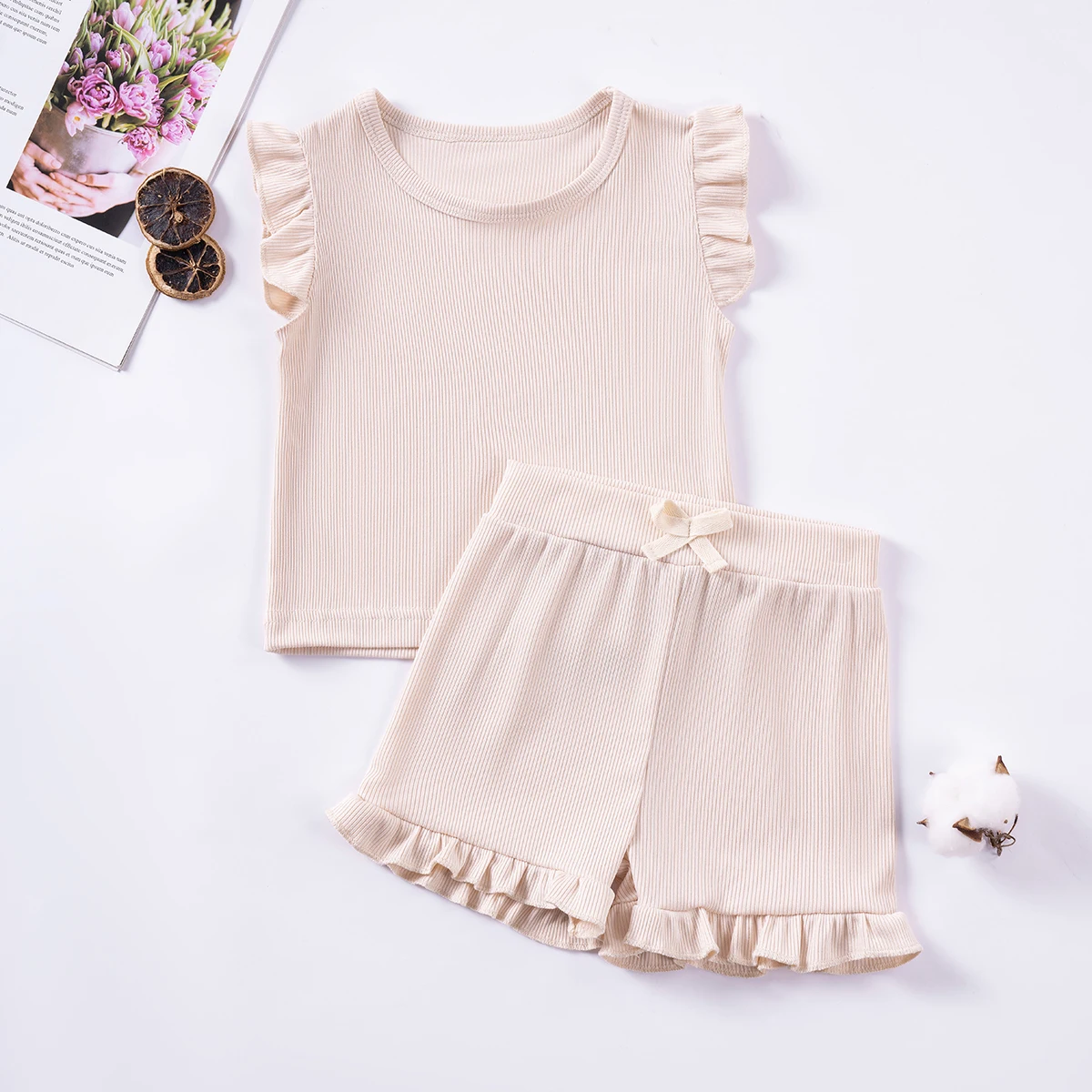 Kids Clothing Set, Girls Clothing Set Toddler Girl's Solid Color Outfit 2pcs Flutter Sleeve Top & Shorts Set Kid's Clothes Infant Girl's Clothes for Daily/Holiday