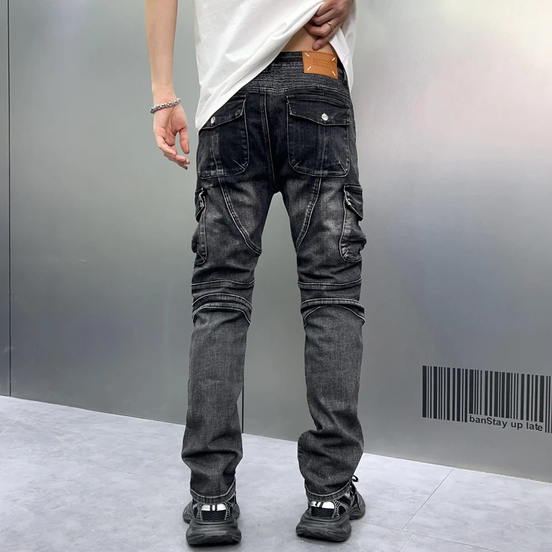 2024 personalized fashion premium black men's loose jeans slim fit heavy duty vintage wash men's street biker denim pants