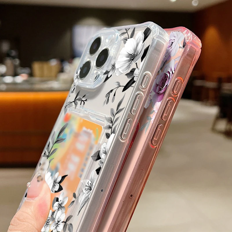 Floral Shockproof Silicone Phone Case with Card Slot Pocket