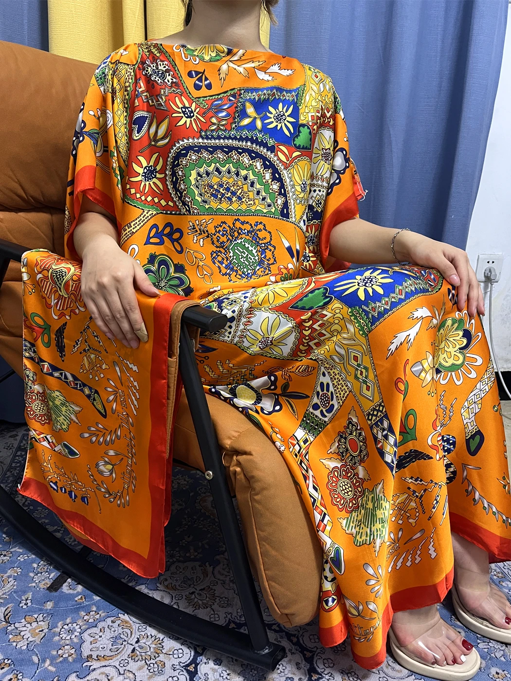 Abayas For Women 2023 Muslim Fashion Orange Silk Printed Floral Loose Femme Robe African Nigeria Soft Summer Dresses With Turban