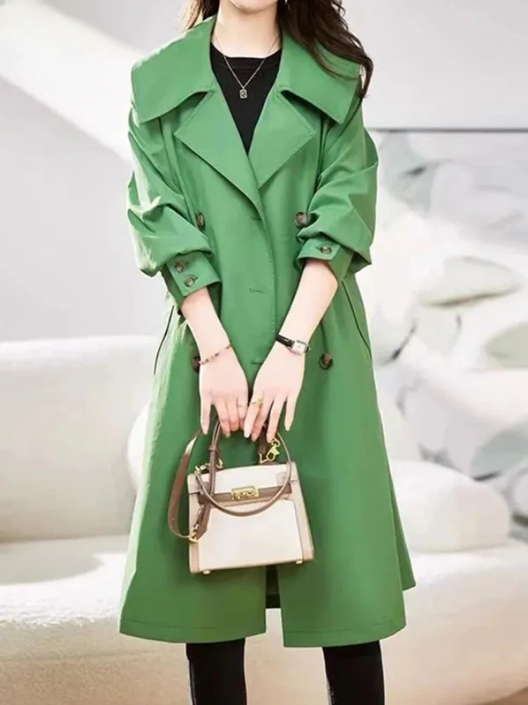 

Double Breaste Korean Green Trench Coats Casual Baggy Midi Jackets Coats Work Wear Women Spring Fall Chaquetas New Outwear