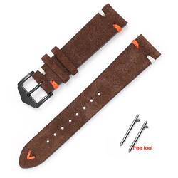Vintage Handmade Stitching Suede Leather Watch Strap - 20mm/22mm Replacement Wristband - 22mm (Brown)