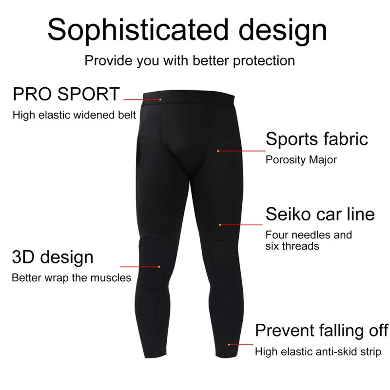 Sports Basketball Knee Hex Pads 3/4 Pants Capri Compression Protector Tights