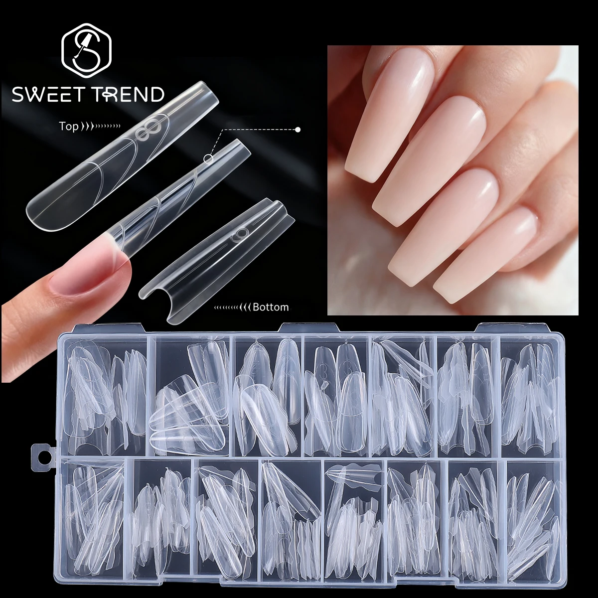180pcs New Sandwich Nail Extension Mold Interlayer Dual Nail Forms Easy To Shape Oval/Coffin Mixed 15 Size Prolong Tool Manicure