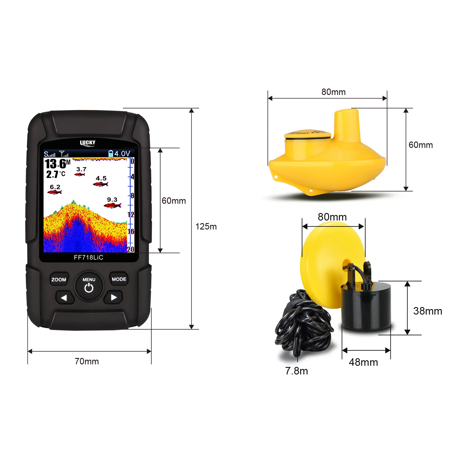 Lucky FF718LiC Real Waterproof Fish Finder Monitor 2-in-1 Wireless Sonar Wired Transducer echo sounder