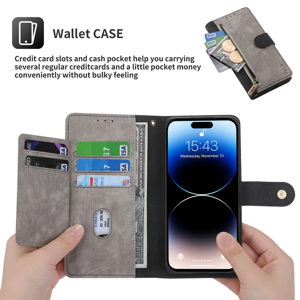 Luxury Leather Flip Case with Zipper Wallet & RFID Protection