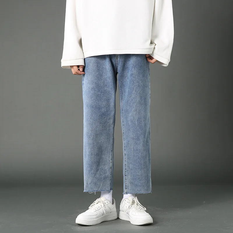 Jeans men's pants spring and autumn loose straight leg cropped casual pants trend streetwear men