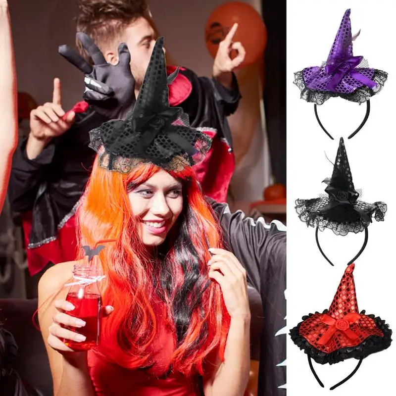 Witch Hat Headband Hat Hoop Band Sequins Lace Halloween Headbands Elegant Headwear Hair Hoop Costume For Halloween Christmas