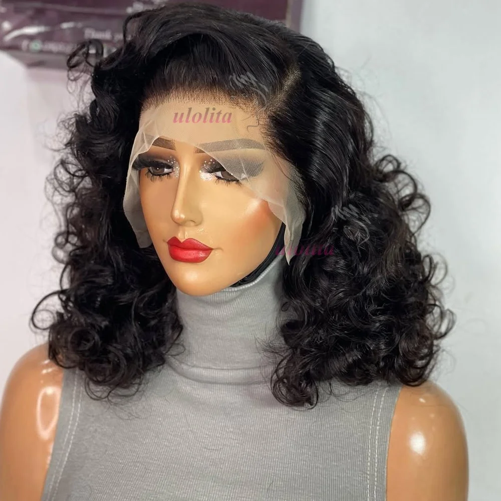 Bouncy Loose Wave Super Double Drawn Vietname Hair 13x4 Bob Wig with Human Hair Nature Black 250% Density For Black Women