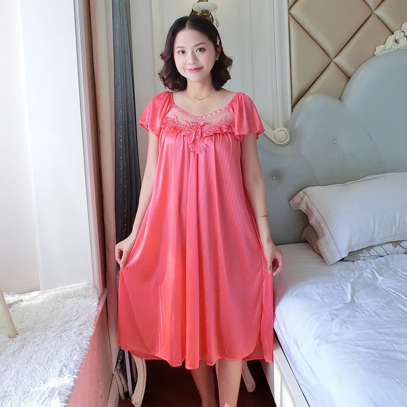 Ladies Nightdress Sexy Ice Lace Large Size Solid Color Flower Pajamas Thin Short-sleeved Lace Skirt Night Dress Women Dress