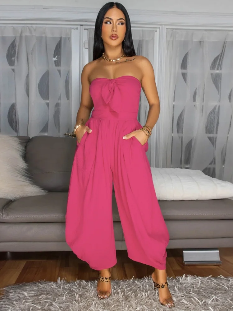 Wmstar Jumpsuit Women Wholesale Summer New Sexy Wrap Chest Collar Bow Solid Wide Leg Romper New Style Fashion Streetwear