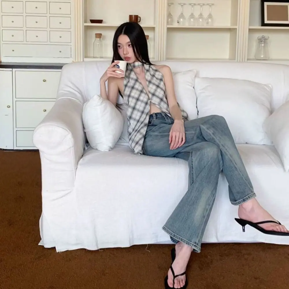 Fashion Grid Halter Sleeveless Camisole Irregular Sweet Slim Crop Tops Split Spicy Girl Suspender Vest Spring Summer