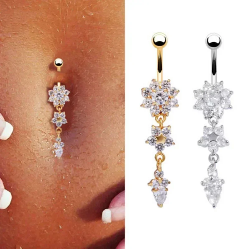 Crystal Navel Nail Ring Alloy Zircon Bar Barbell Drop Flower Dangle Body Piercing Belly Button Rings Men Women Body Jewelry