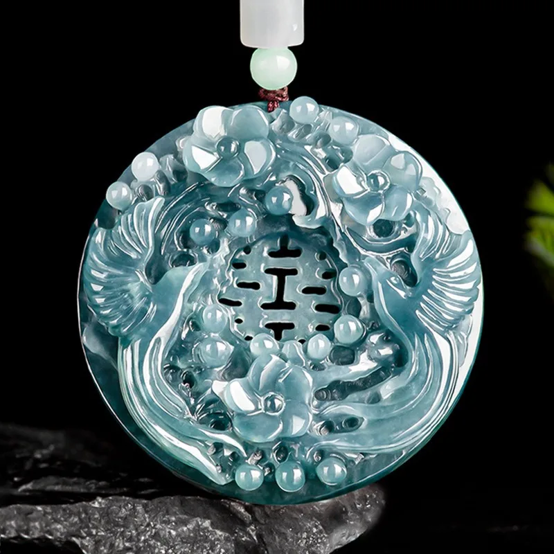

Natural Burmese Blue Emerald Magpie Plum Blossom Jade Pendant Necklace Fashion Charm Jewelry Carved Amulet Gift for Women Luxury
