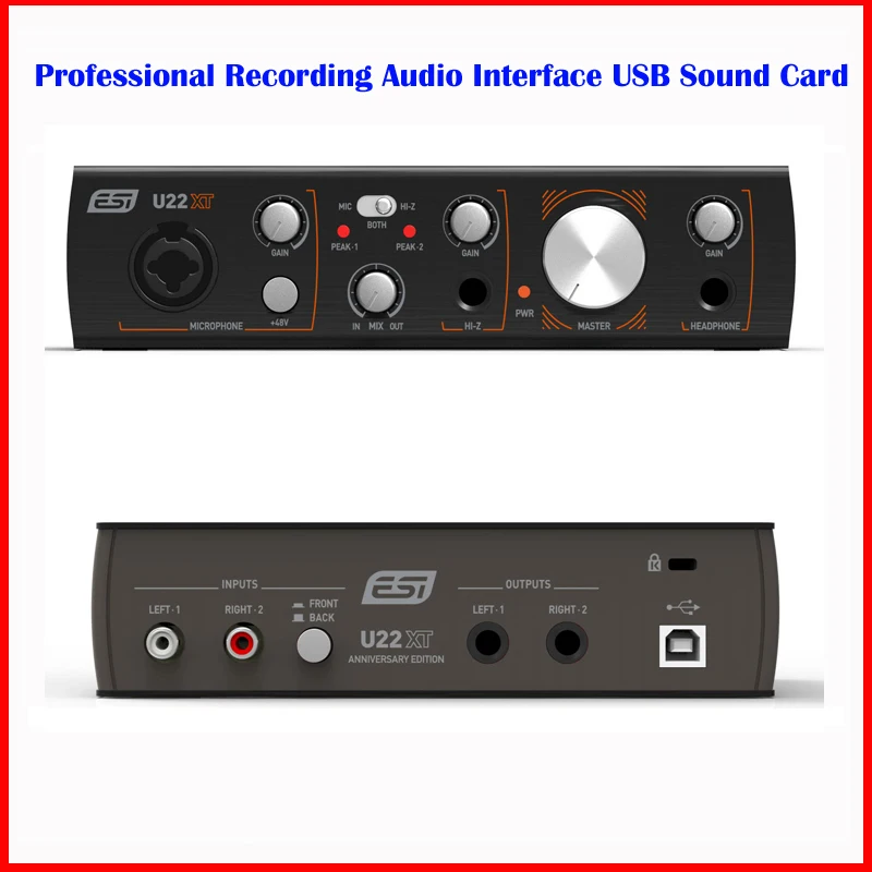 ESI U22XT 블랙 전문 녹음 오디오 인터페이스 마이크 프리 앰프 지원 USB 사운드 카드 WDM ASIO 2.0 CoreAudio