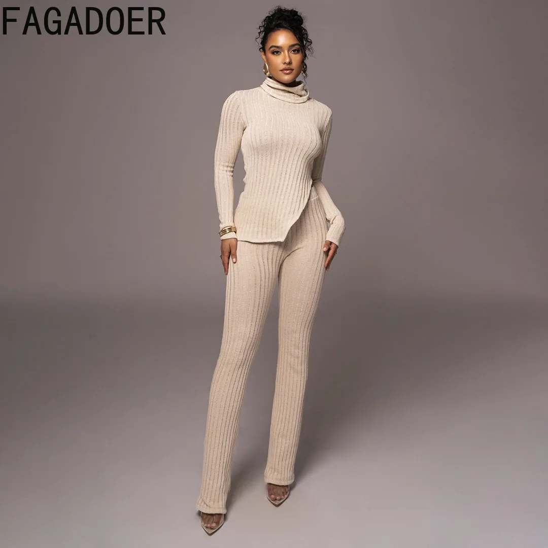 FAGADOER Autumn Casual Solid Color Knitting Two Piece Sets Women Turtleneck Long Sleeve Slit Top And Skinny Pants Home Outfits