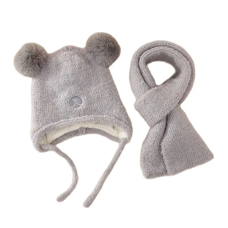 New Winter Children's Warm Hat Scarf Set Double Balls Bear Plush Ear Protection Two Piece Set For Boys And Girls With Plush Hat