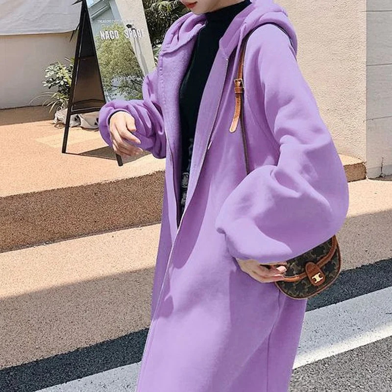 Autumn Winter New Solid Color Fashion Long Sleeve Hoodies Women Casual Loose Zipper Pocket Plus Velvet Warm All-match Longcoat