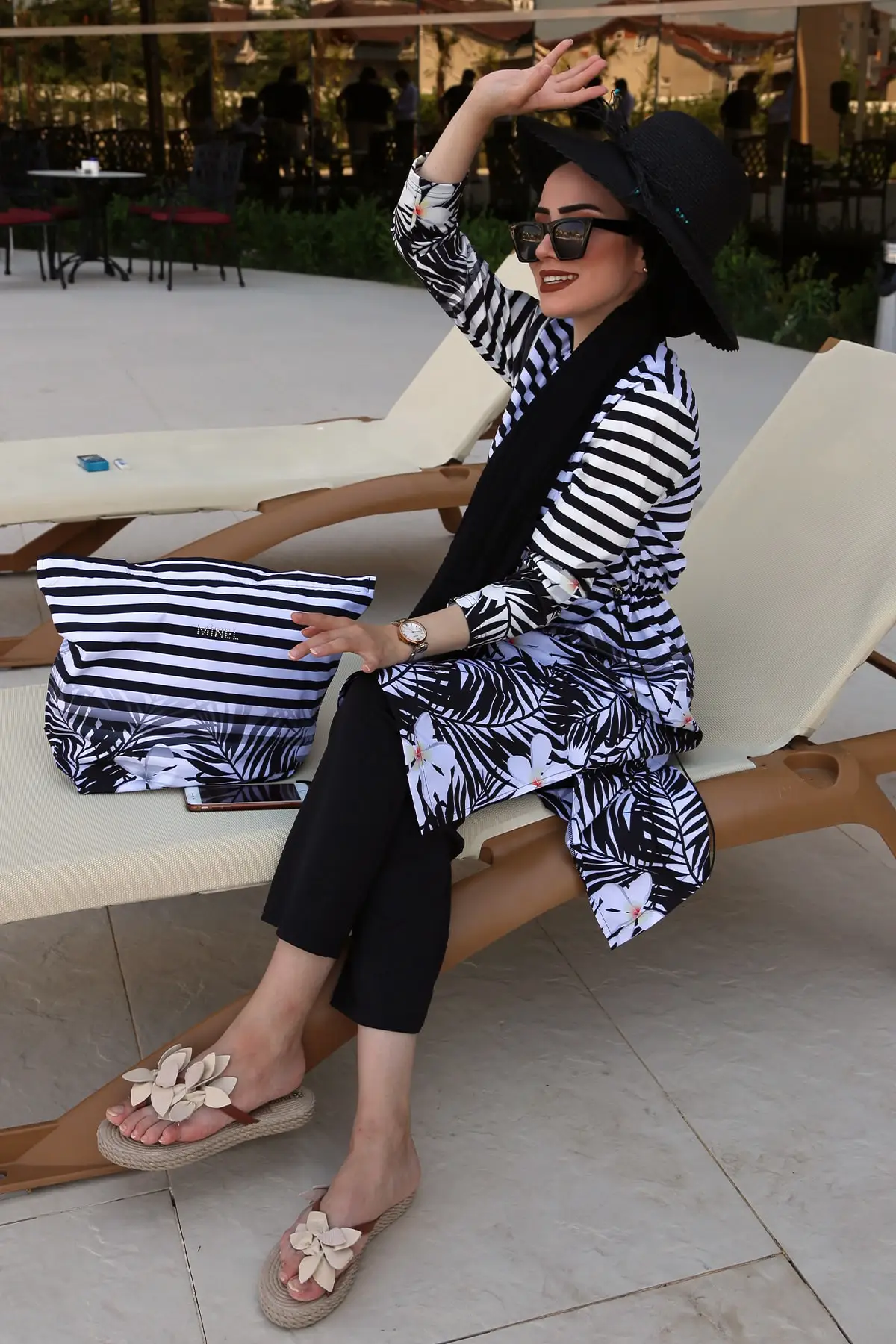

Women's Black-White Striped Full Closed Hijab Swimwear Set of 2 Beach Clothing