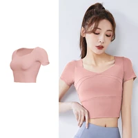 Slim Solid T Shirts for Women with Chest Pads Yoga T Shirts Gym Trainning Running High Elastic Fashion Knit Fitness Short Sleeve - Image 4
