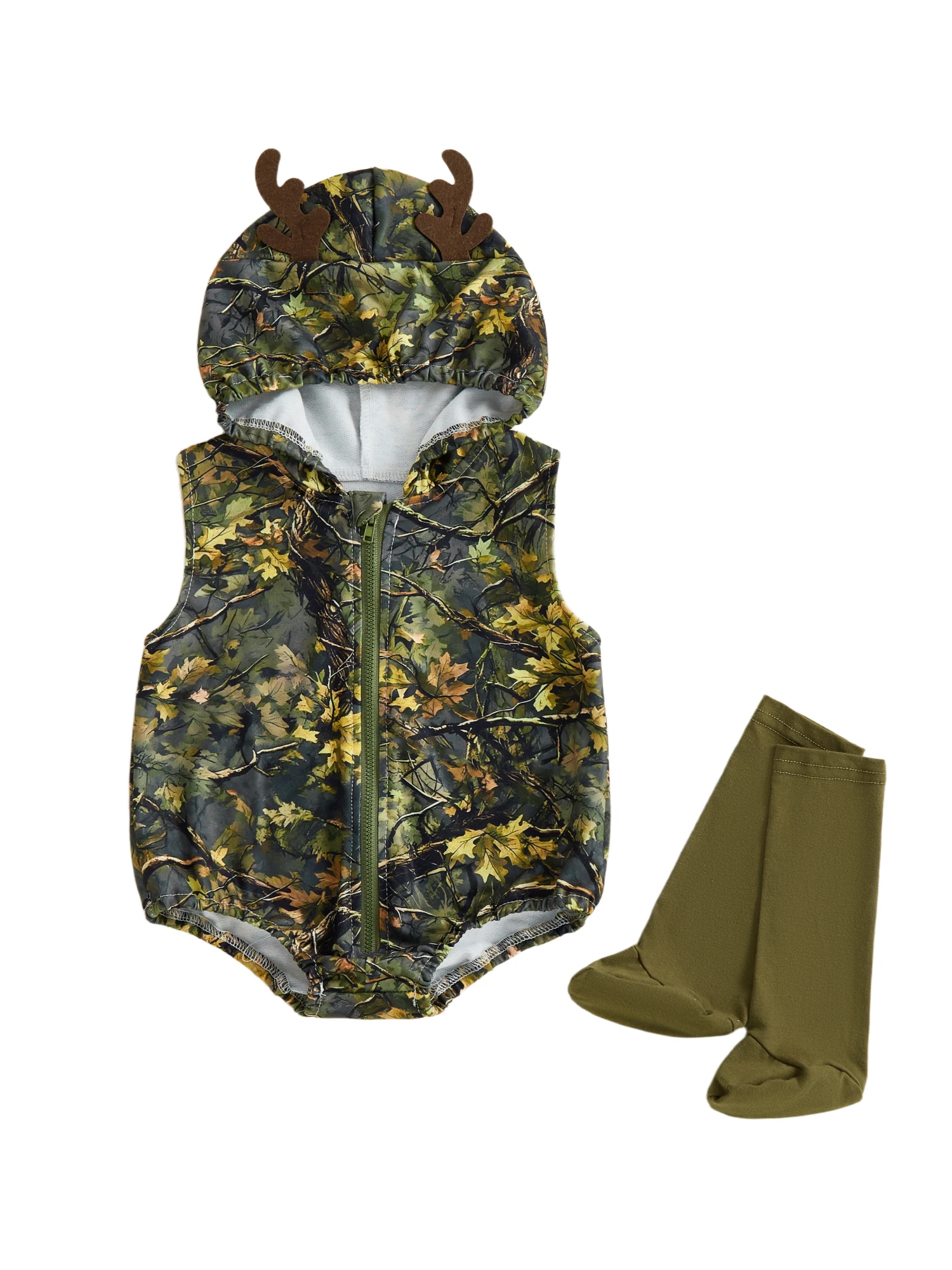 Infant Boy Romper Outfit Sleeveless Hooded Tropical Print Jumpsuit with Matching Socks for Everyday Wear