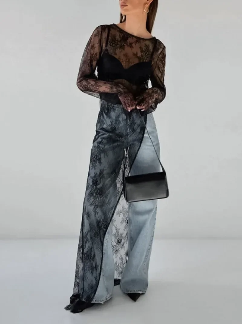 Damenbekleidung, sexy O-Ausschnitt, ausgeschnittenes, langes Maxikleid mit hohem Schlitz, schwarzes Spitzenkleid, Streetwear, Damen, durchsichtiges schwarzes T-Shirt-Kleid.