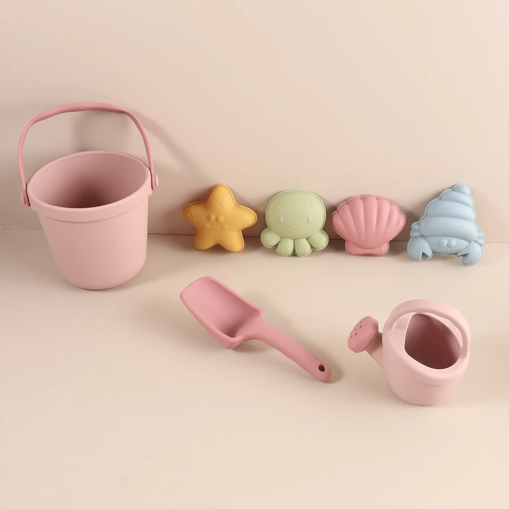 Kids Beach Bucket Set with Silicone Molds (Sea Star, Shell, Crab) Sand Castle Toys for Outdoor & Sensory Play