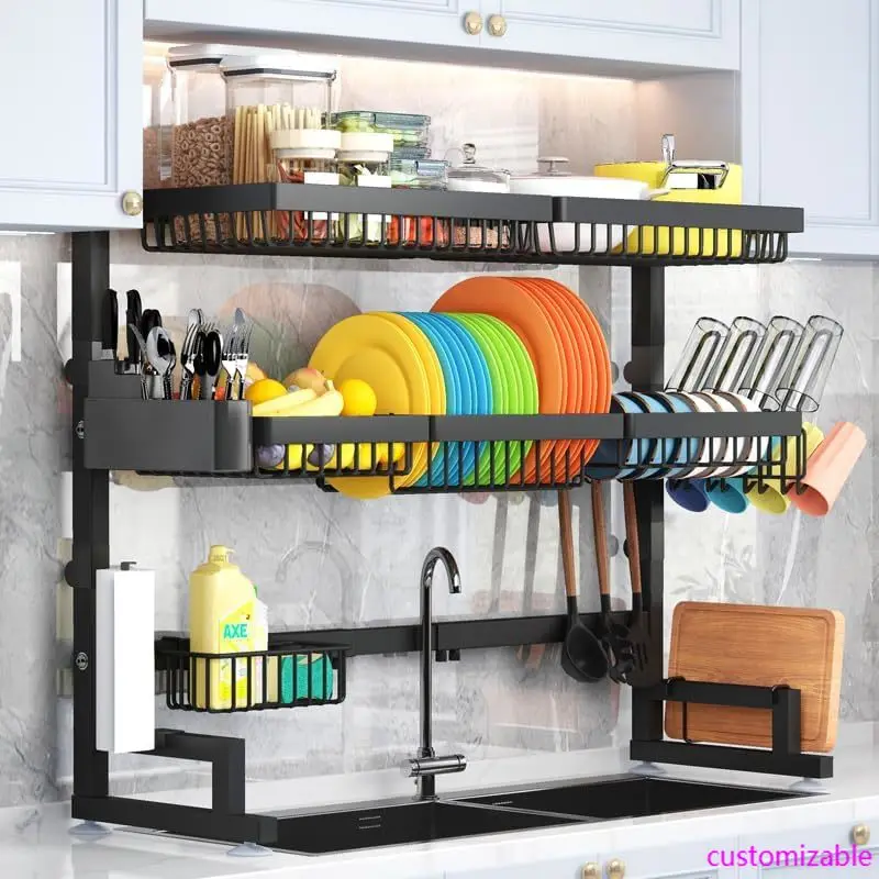 Expandable Over Sink Dish Drying Rack with Storage