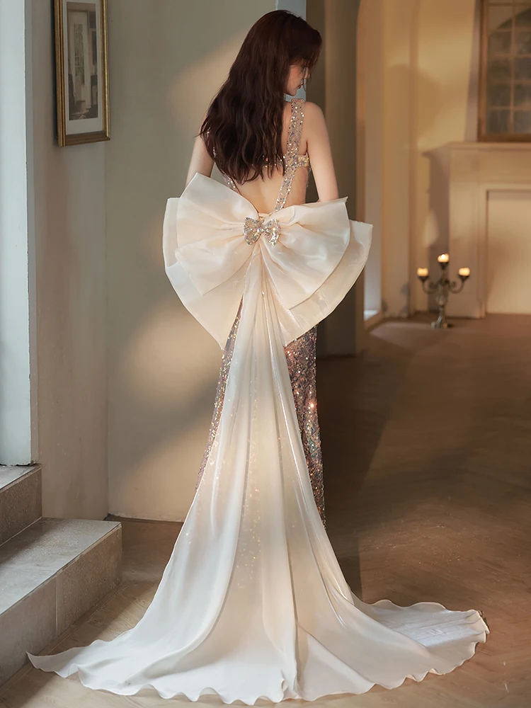 

Gorgeous Mermaid Evening Dresses Women Sexy Backless Big Bowknot Celebrity Party Dress Female Sequined Long Prom Gown