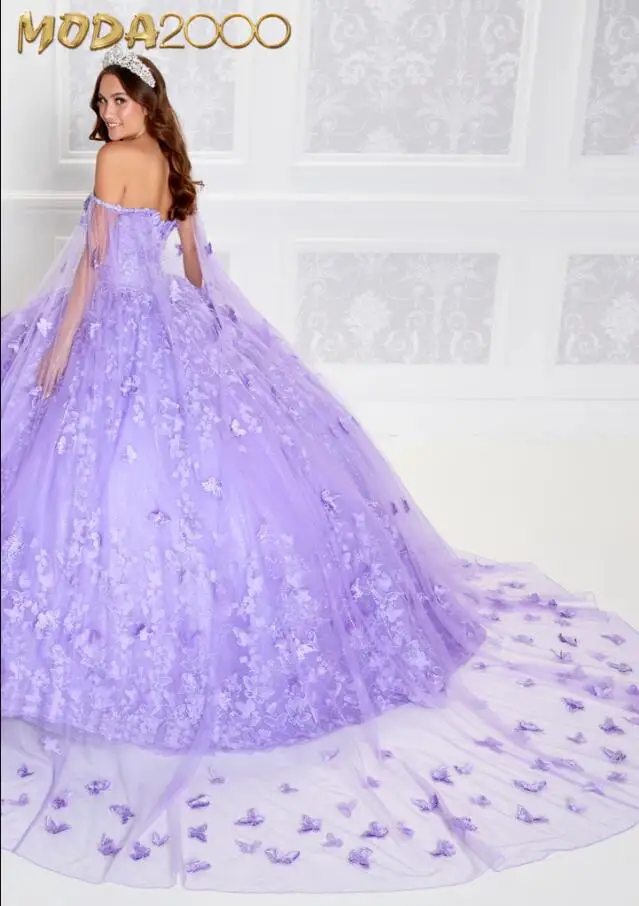 Lavender Princess Quinceanera Dresses with Cape Off Shoulder Floral Butterfly Corset Sweet 15 Gown vestido debutante lilas