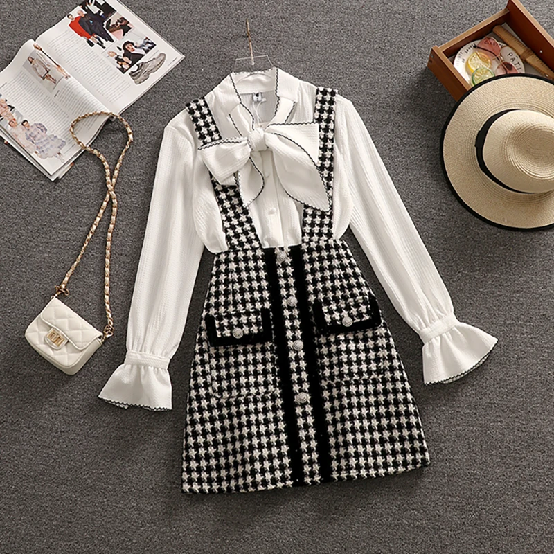 

Women Design White Long Sleeve Bowknot Blouse + Sleeveless Suspender Short Houndstooth Dress 2PCS Set Dresses Sets Female Autumn