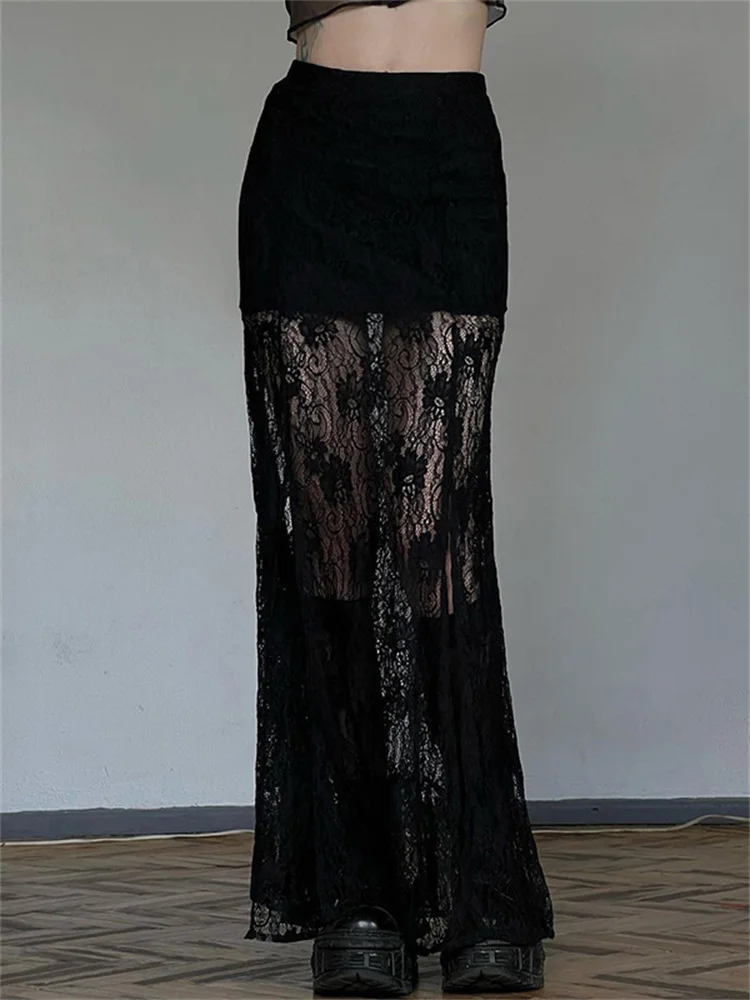 summer mesh long sleeved dress women fashion bright diamond beads robe female 2023 sexy ladies see through beach long dress Tossy Blakc Lace See-Through Maxi Skirt For Women Mesh Sexy High Waist Patchwork Side Split Long Skirt Ladies Printed Maix Skirt