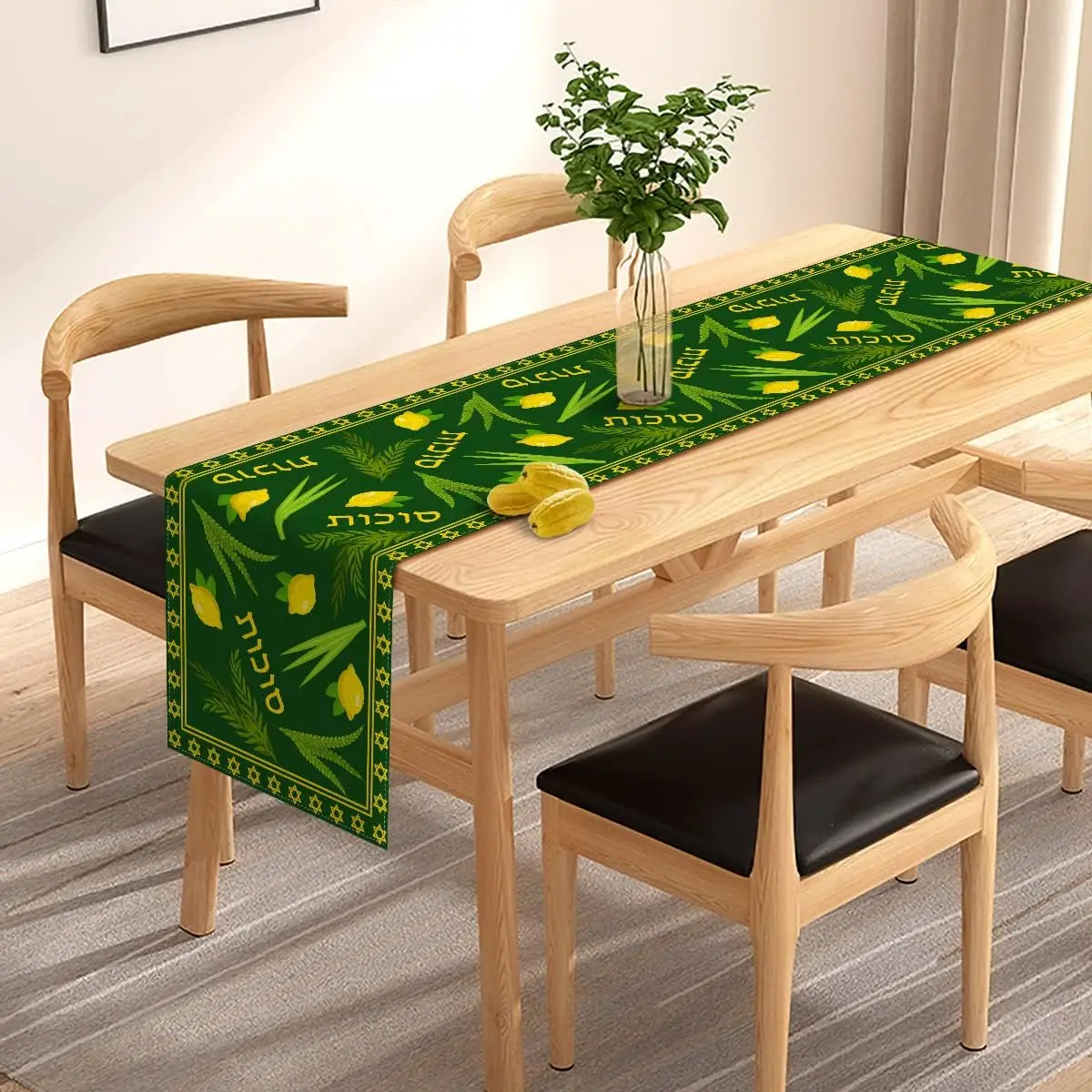 Happy Sukkot Linen Table Runner Jewish Festival Party Decor Sukkah Etrog Lulav Table Runners Holiday Kitchen Dining Table Decor