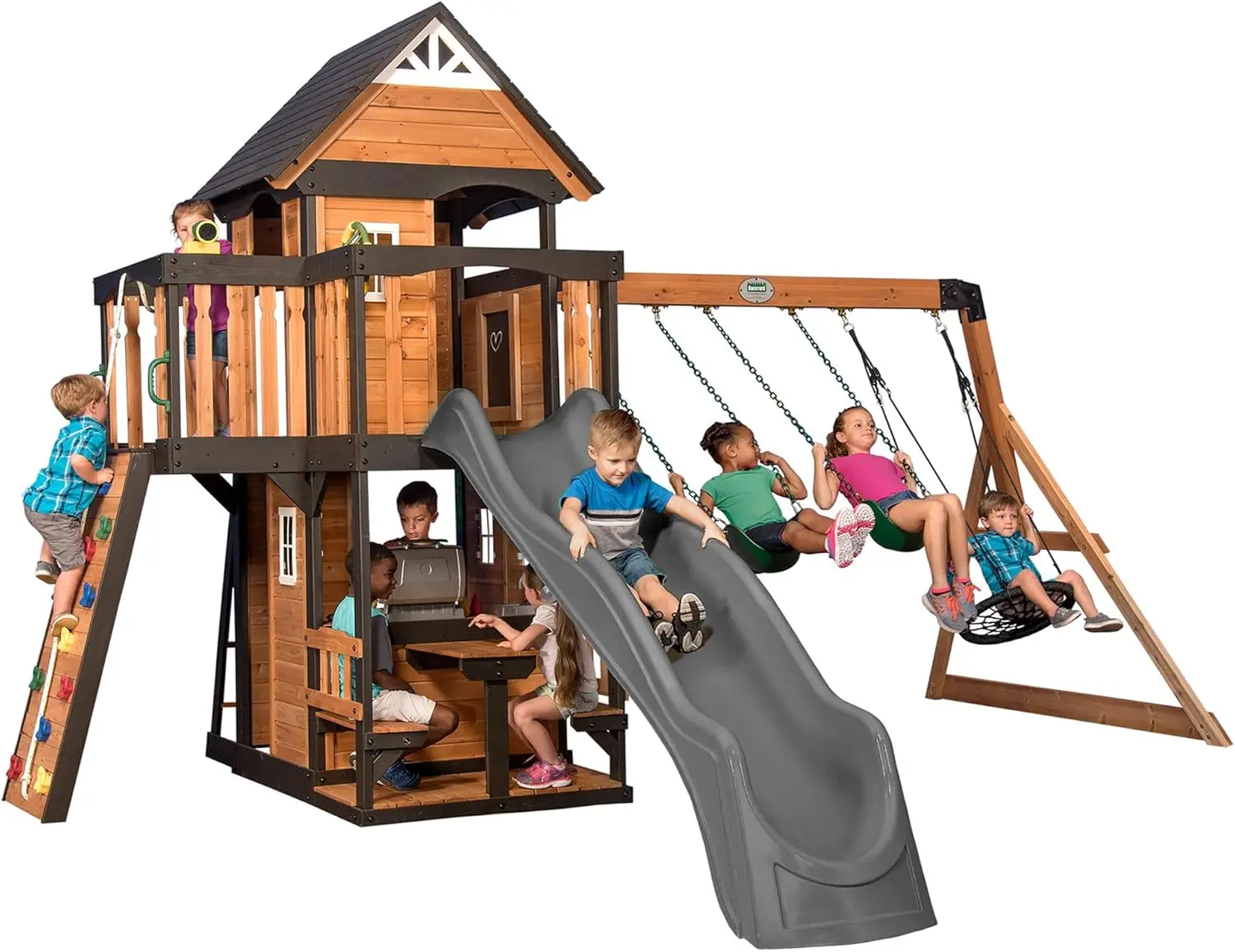 Canyon Creek All Cedar Wood Swing Set w/Grey Wave Slide, Playhouse w/Grill, Plastic Food, Picnic Area,