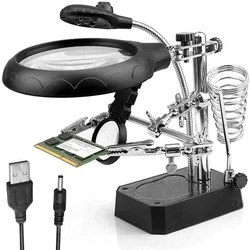 Illuminated Precision Magnifier with Stand and Adjustable Clips for Soldering and Detail Work (B)