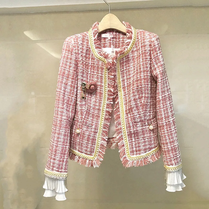 

Women's Autumn and Winter Short Tweed Fringed Pink Coat