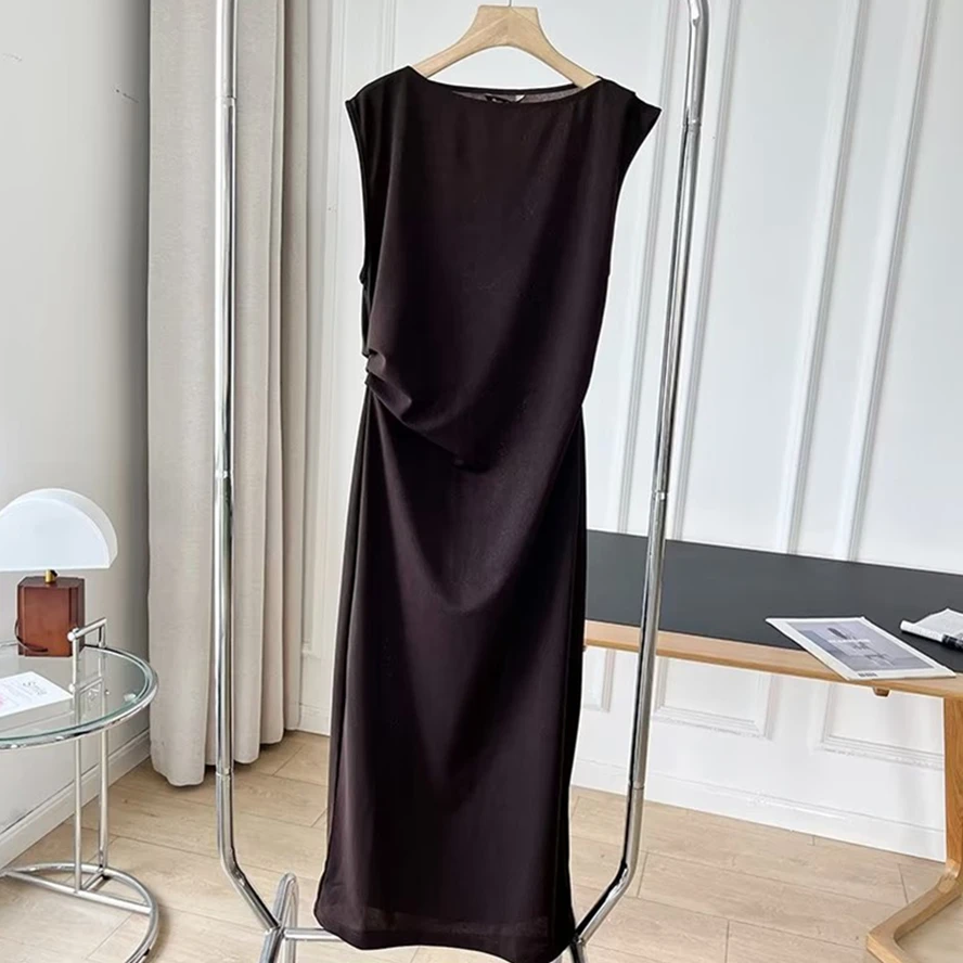 

Withered French Fashion Ladies Elegant Lyocell Sleeveless Dress Casual Commuting Brown Midi Dress Female