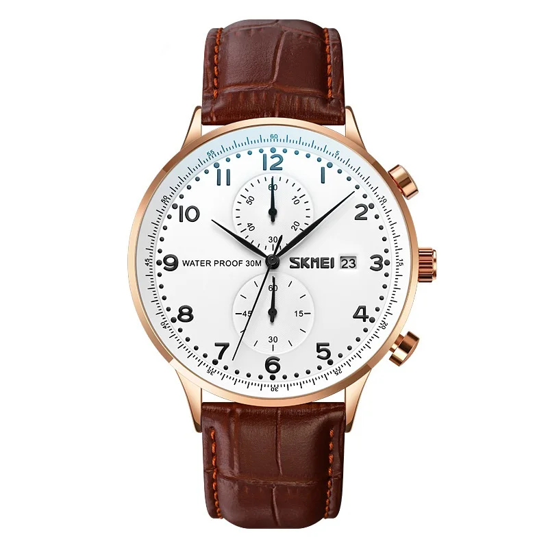 New Luxyry Men Casual Quartz Movement Watches Genuine Leather Strap Waterproof Date Stopwatch Sports Wristwatch