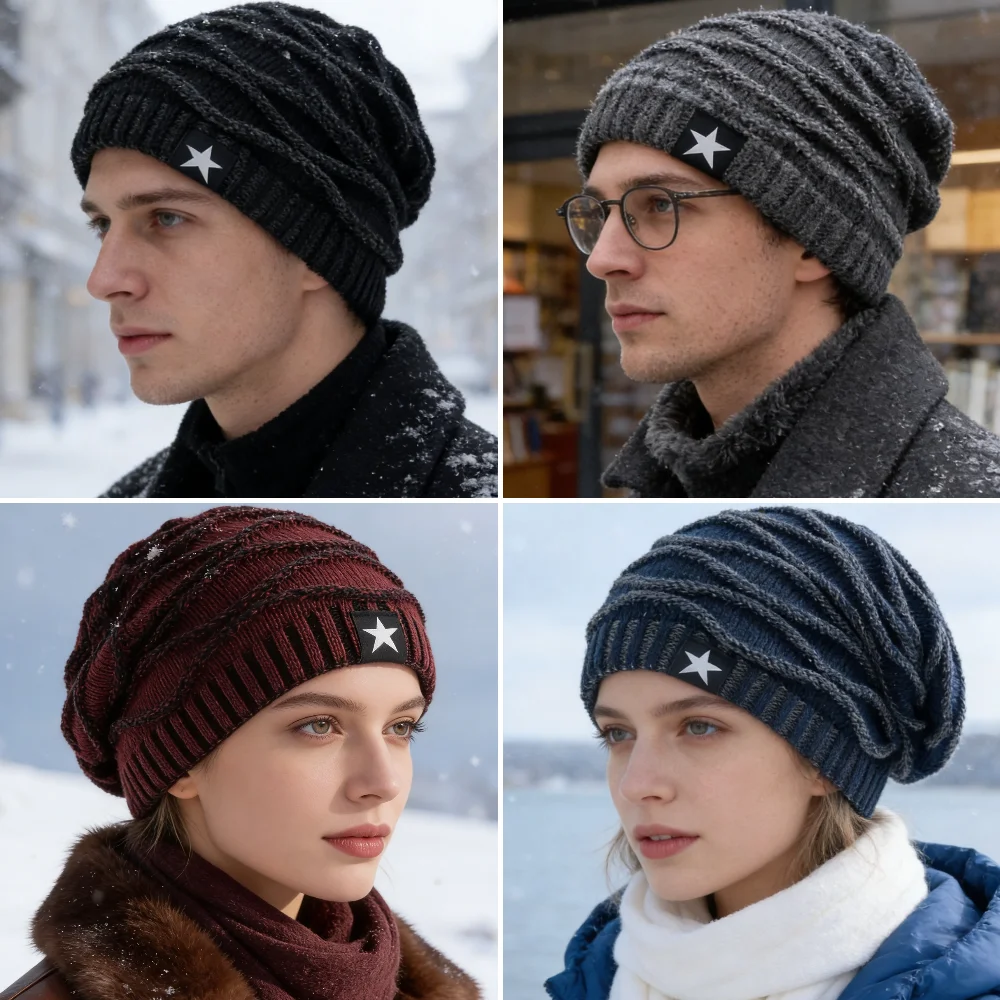 New Unisex Slouchy Winter Hats Add Fur Lined Men And Women Warm Beanie Cap Casual Five-pointed Star Decor Winter Knitted Hats