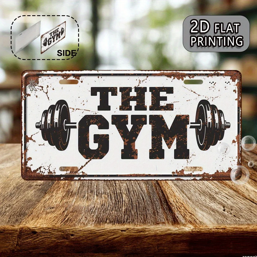2D 평면, 1개 빈티지 체육관 금속 간판 -15x30cm 알루미늄 벽 장식, 'THE GYM' 텍스트 및 바벨 디자인, 러스틱 홈 짐
