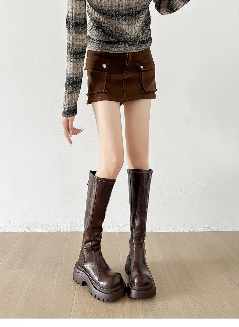 Women's Knee-high Leather Riding Boots With Round Toe And Thick Sole_voghion.com