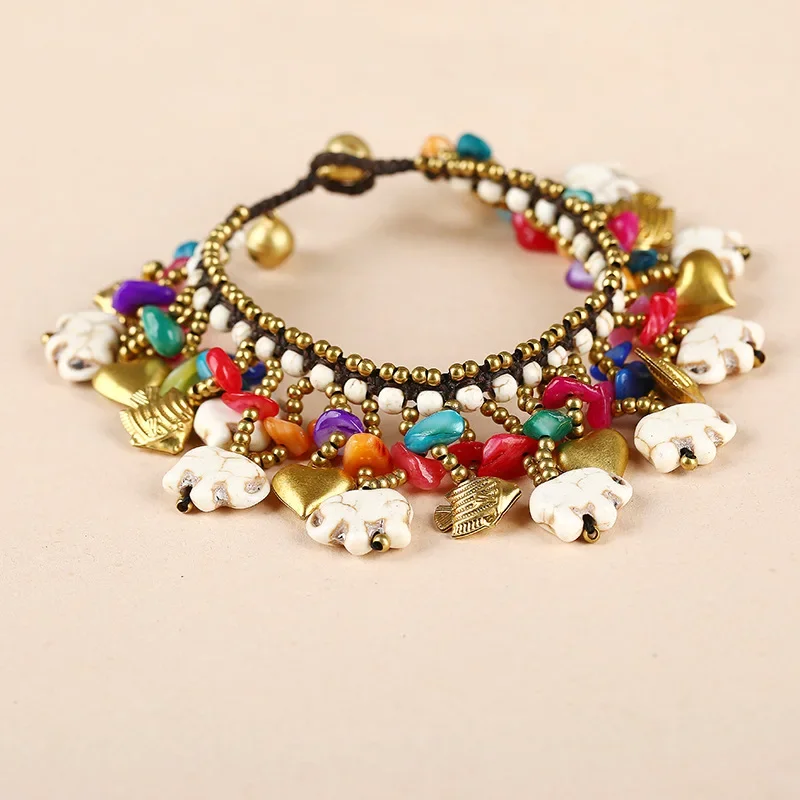 Bohemian Ethnic Style Retro Turquoise Elephant Women Bracelet Wax Rope Hand-woven Jewelry