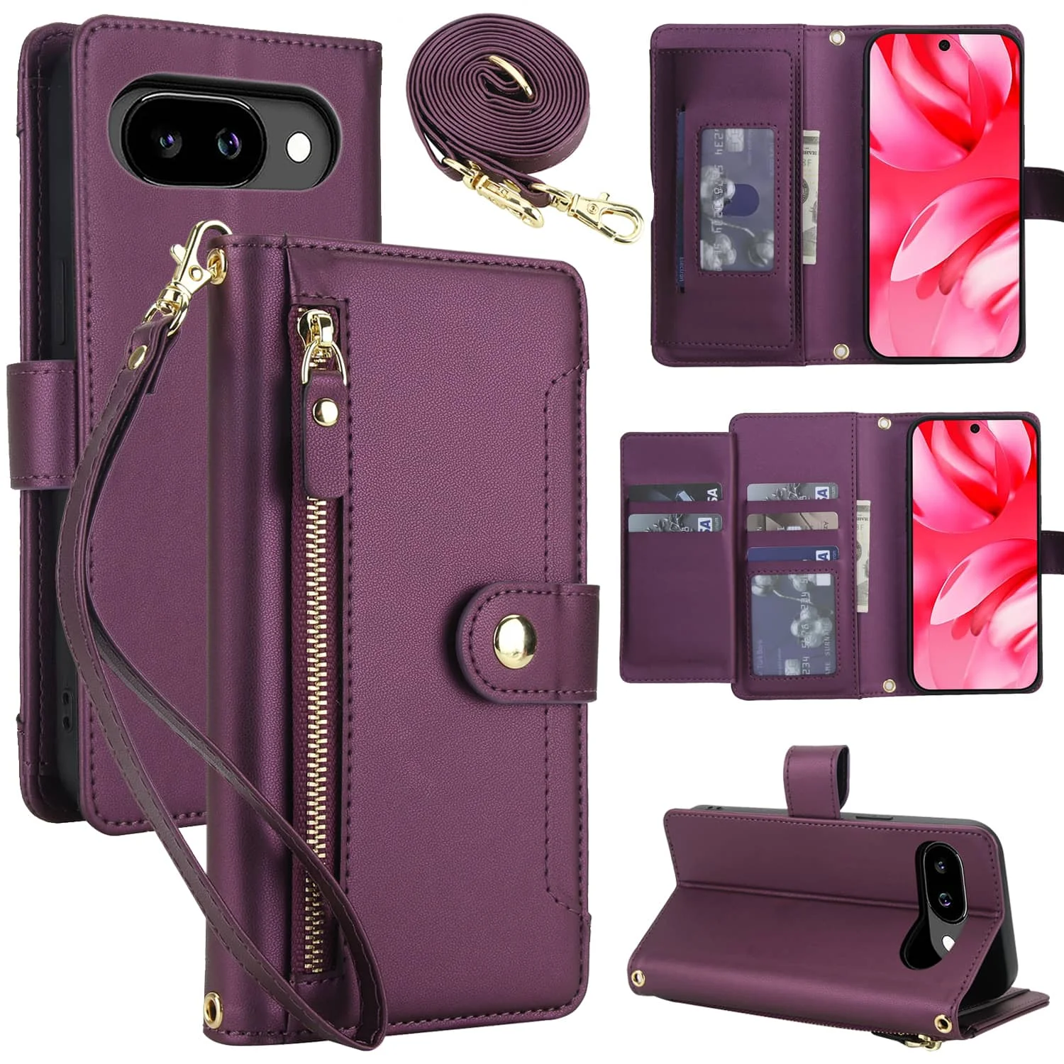 Premium Flip Wallet Case with Zipper Pocket, Card Holder Slot, Magnetic Closure, and Lanyard