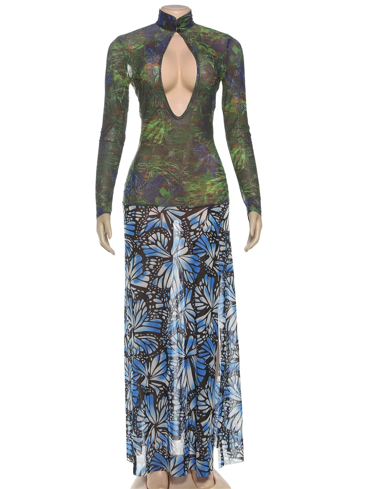 Nibber Colorful Print Dress Women Sexy See Through Hollow Full Sleeve Stretch Turtleneck Midnight Prom Party Club Long Bodycon